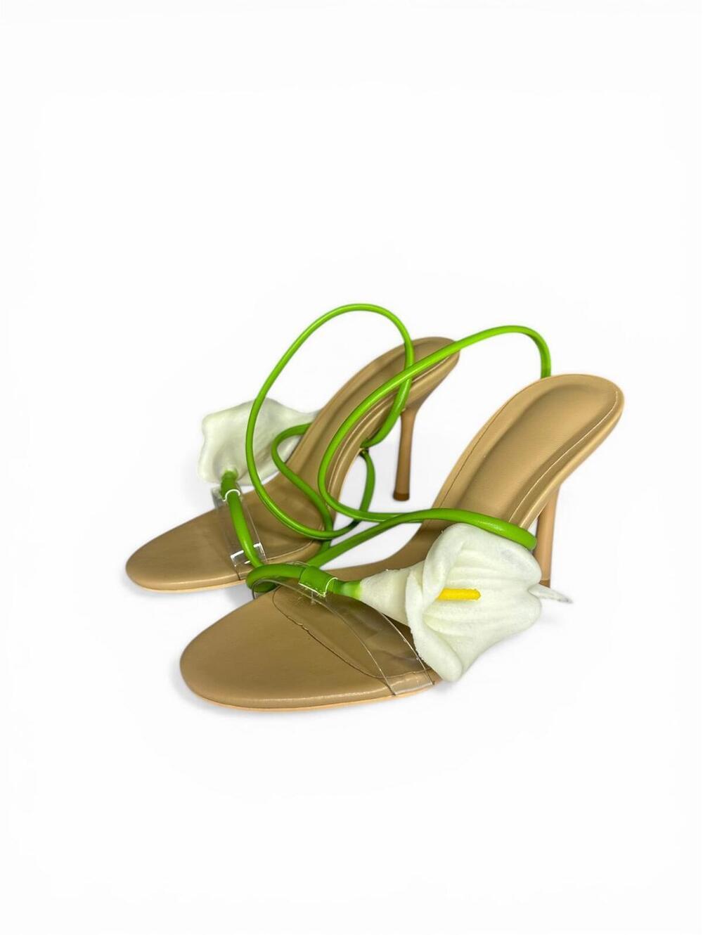 2/$99 ✨Cult Gaia Inspired Calla Lily Nude Stiletto Sandals 6 Green Ankle Strap - Picture 5 of 8
